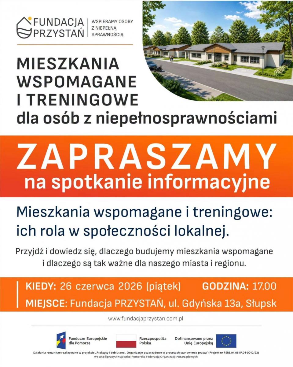 Plakat Fundacji Przystań dot. spotkania informacyjnego dotyczące mieszkań wspomaganych i treningowych