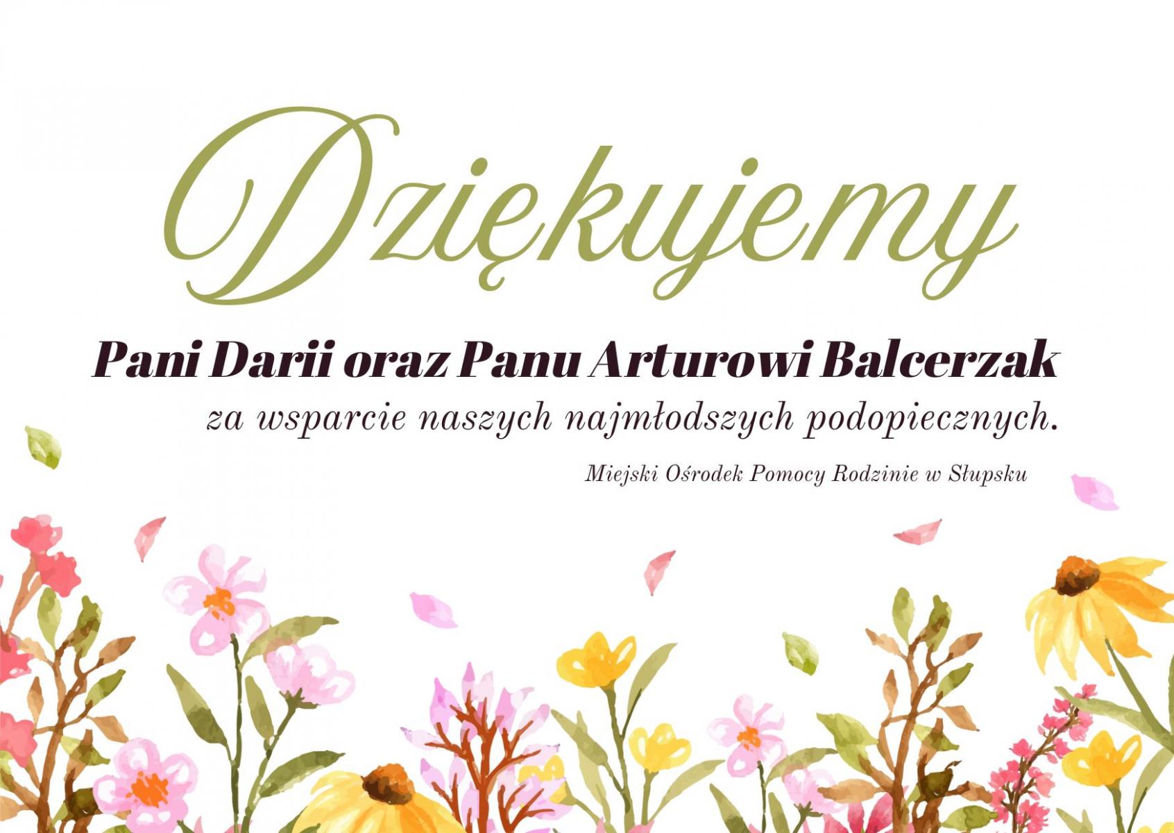 Podziękowanie dla Pani Darii i Pana Artura Balcerzak