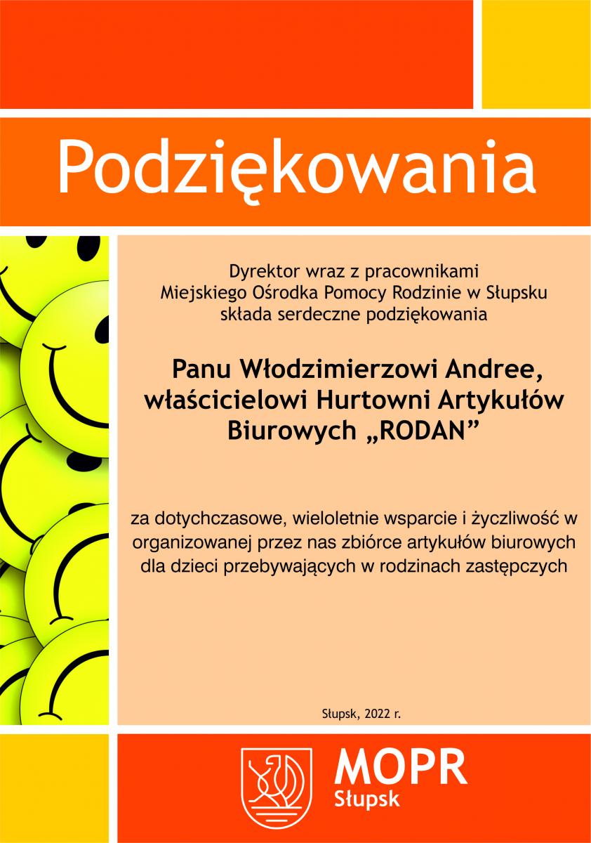 Podziękowania dla Pana Włodzimierza Andree, właściciela Hurtowni Artykułów Biurowych