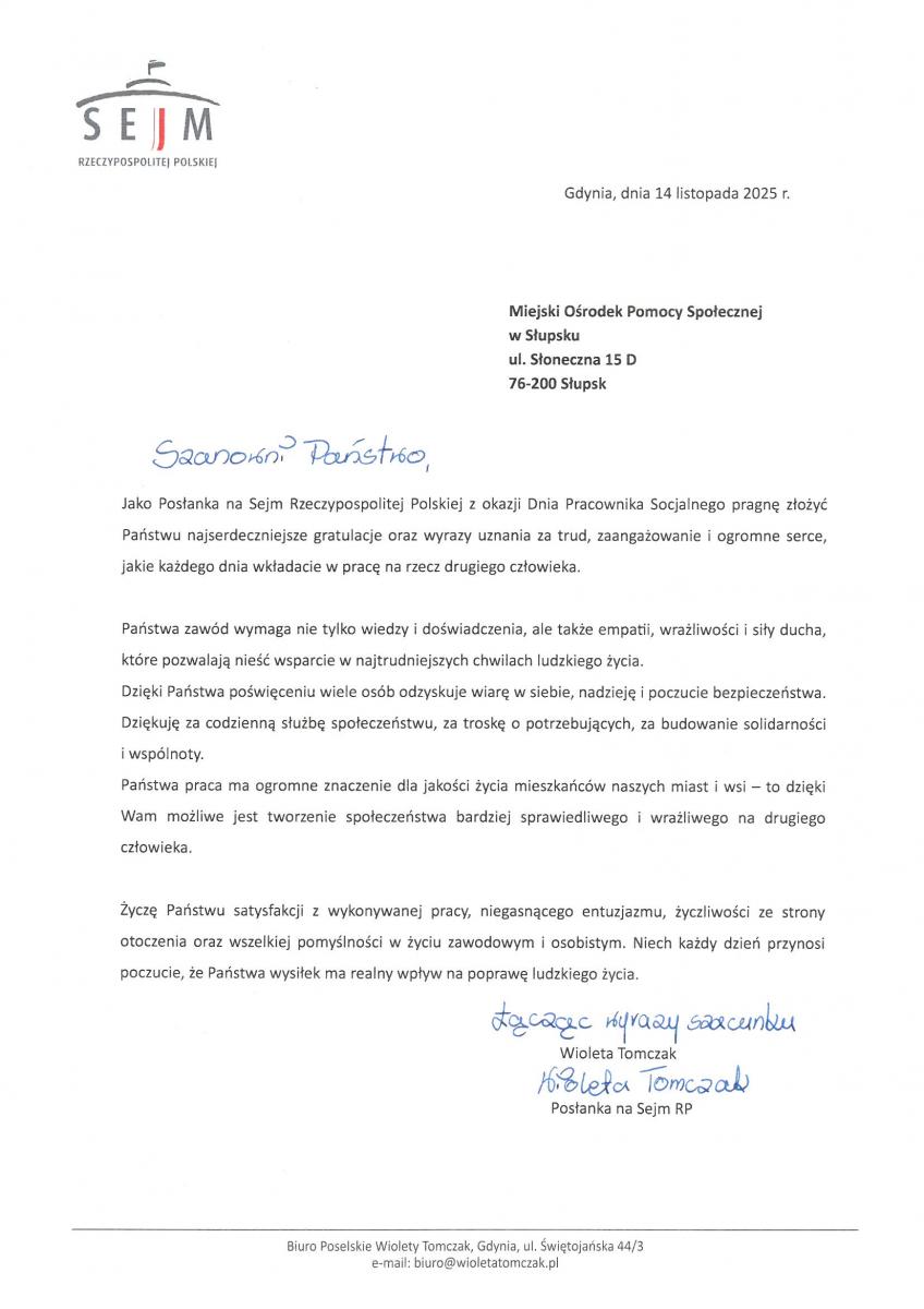 List z wtrazami uznania z okazji Dnai Pracowników Socjalnych od Posłanki na Sejm RP