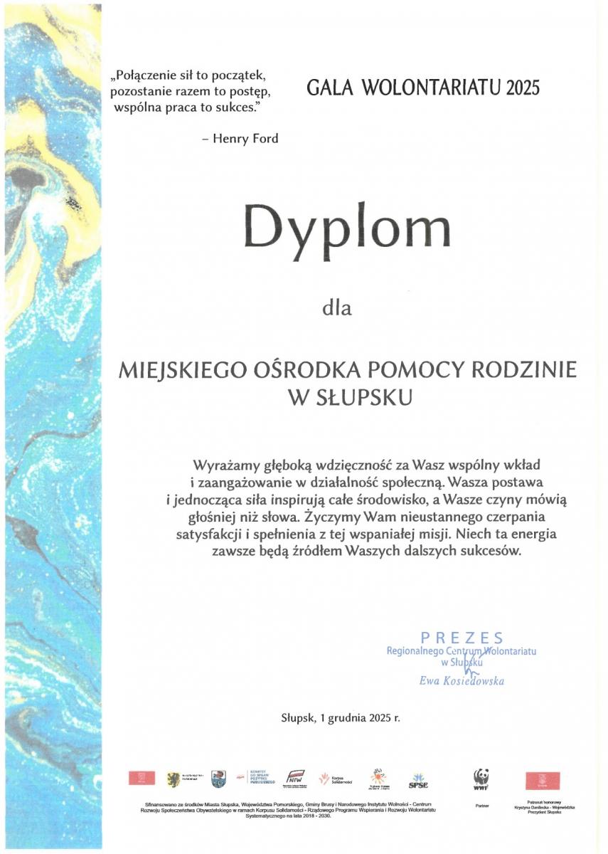 Dyplom dla MOPR za wkład w wolontariat
