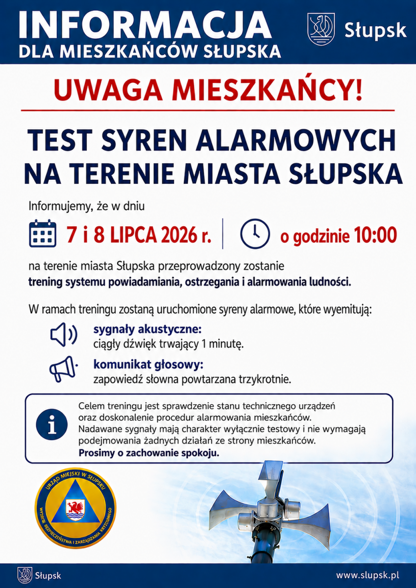 komunikat dla mieszkańców dotyczy: testu systemu ostrzegania i alarmowania ludności