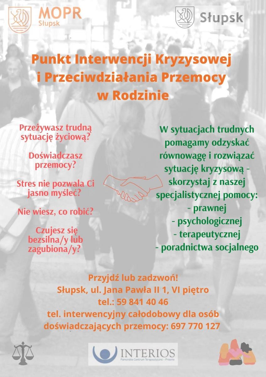 Plakat informacyjny Punktu Interwencji Kryzysowej i przeciwdziałania Przemocy w Rodzinie