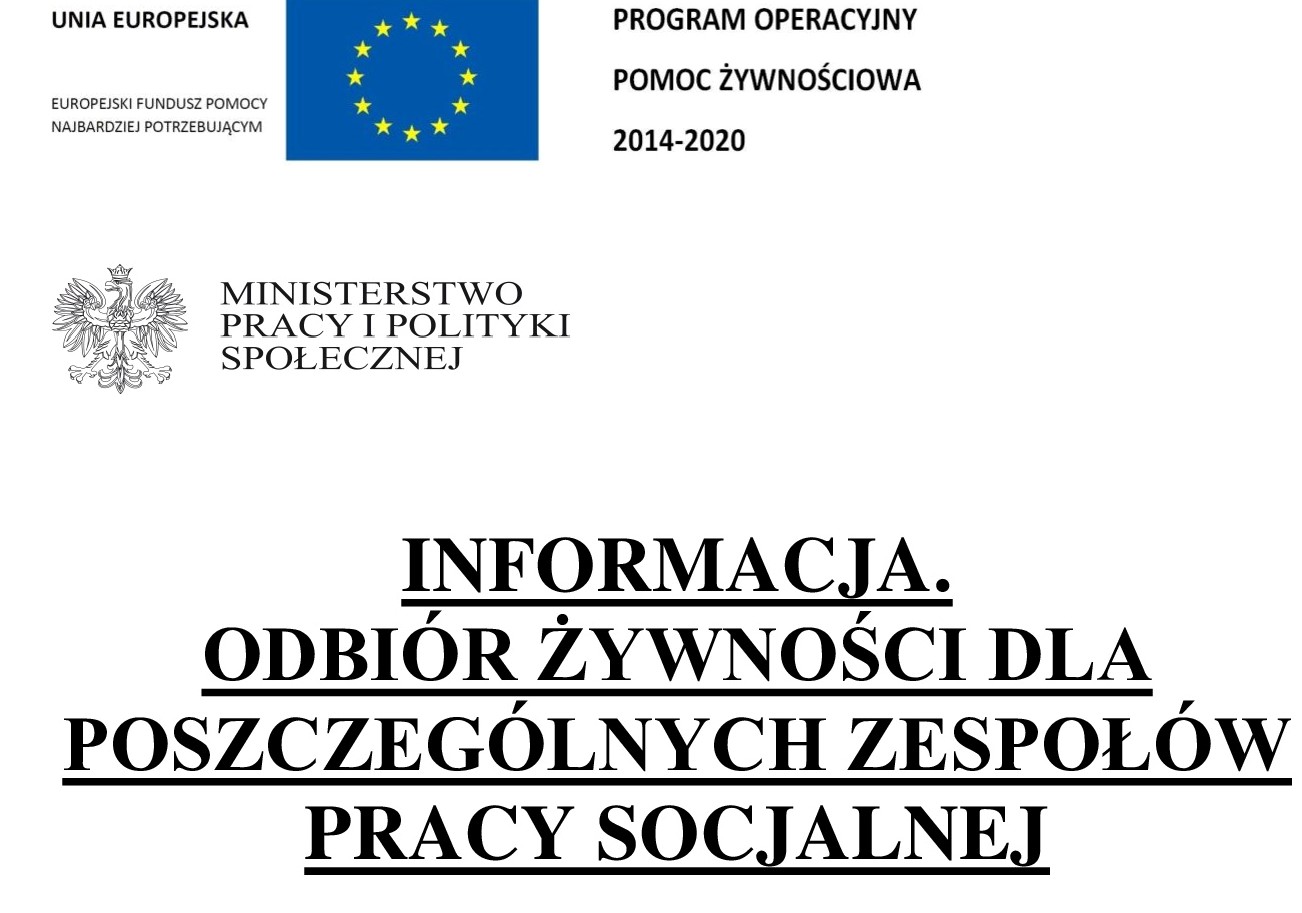 Informacja o odbiorze żywności dla poszczególnych zespołów pracy socjalnej.