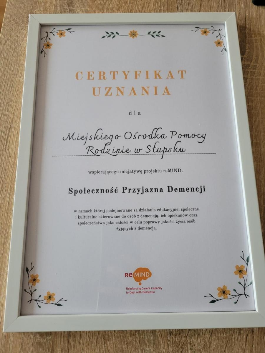Otrzymaliśmy certfikat uznania jako miejsce wspierające inicjatywę projektu reMIND